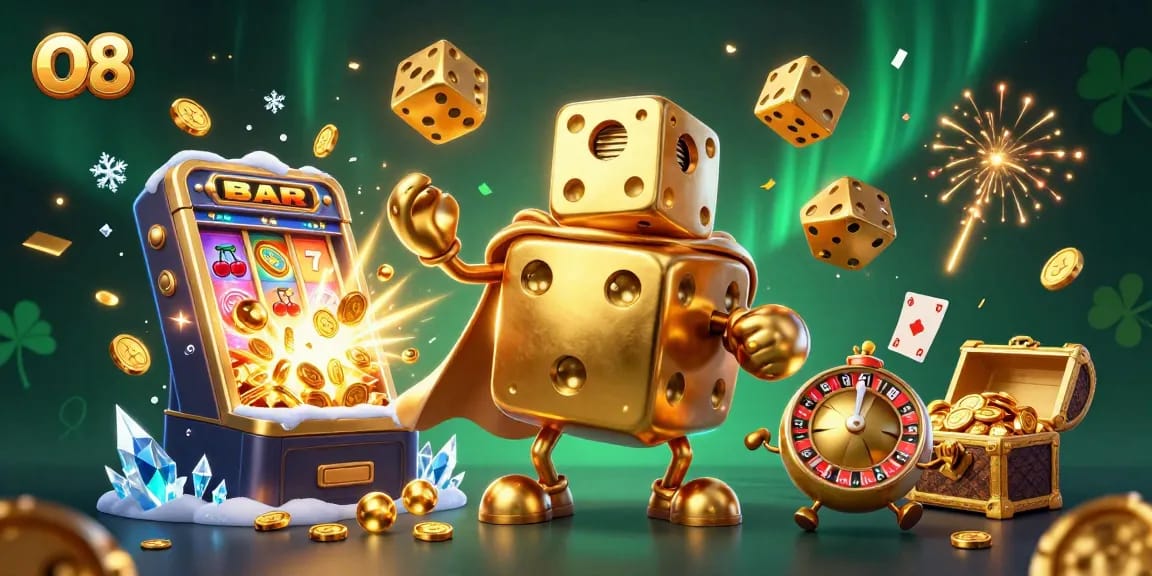 O8 players enjoying slots with a vibrant jackpot explosion and lively casino elements.