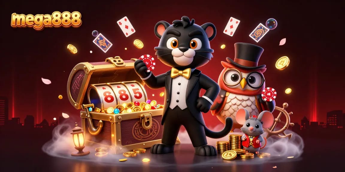 Experience thrilling mega888 slot gaming with stylish characters and vibrant visuals in this illustrated scene.