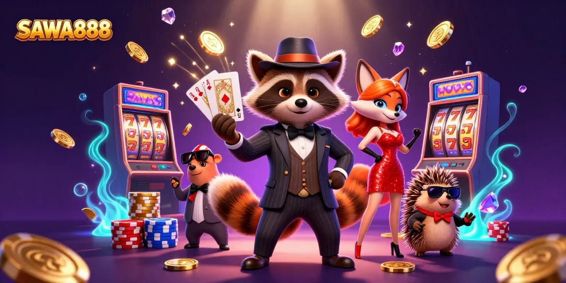 Spin and win at SAWA888 with 3D characters showcasing royal flush and dynamic casino elements.