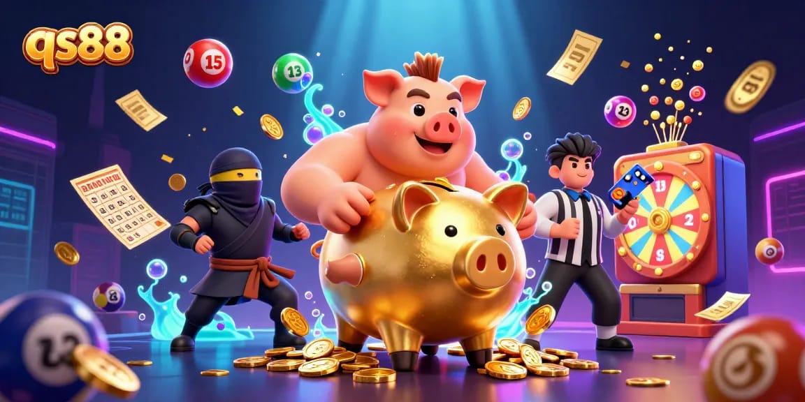 Engage with qs88's dynamic gambling scene featuring vibrant lottery balls, gold coins, and playful characters.