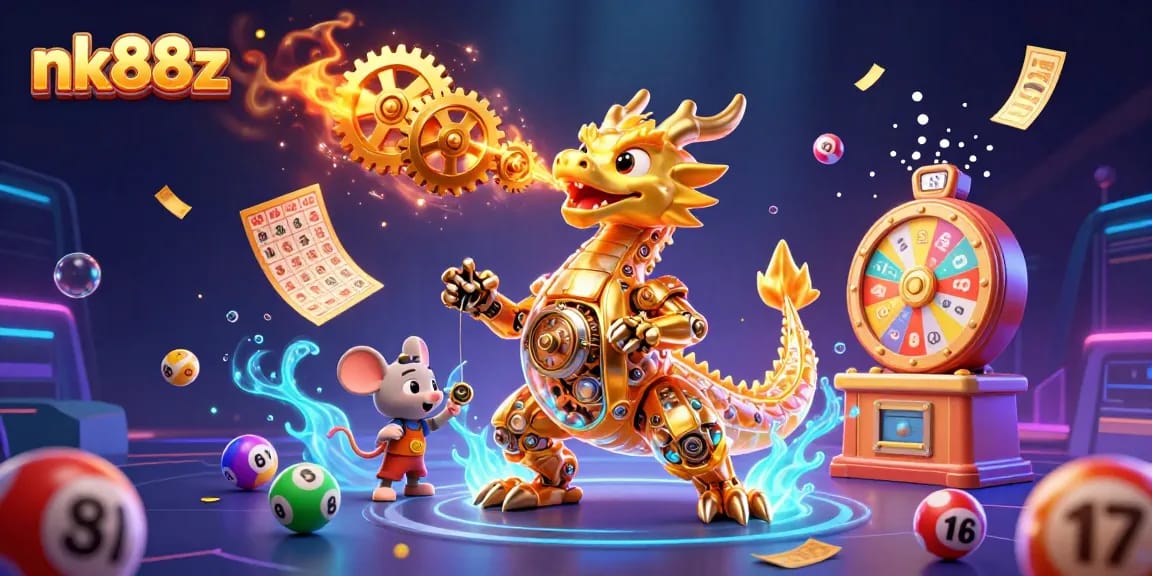 Engage in thrilling gameplay with nk88z as a golden dragon breathes gears and cogs amidst vibrant lottery elements.