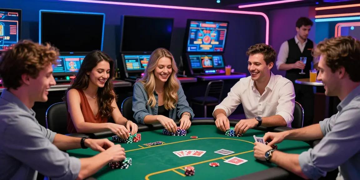 Group of friends enjoying gaming at http://11bet-app.net/ with colorful chips and vibrant atmosphere.