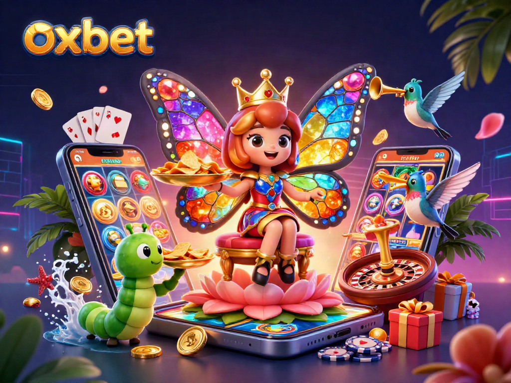 Experience excitement at Oxbet with a colorful 3D casino scene featuring games and characters.