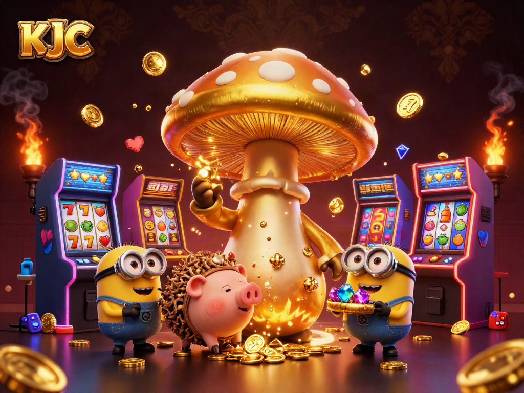 Spin the reels of KJC's vibrant golden wizard casino scene filled with treasures and gaming excitement.