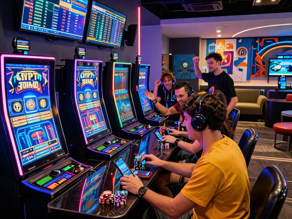 Engaging players in a modern crypto casino surrounded by digital slot machines and cryptocurrency trends.