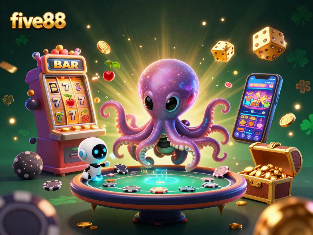 five88 entertains players at a lively online casino scene with an alien octopus and jackpot slot explosion