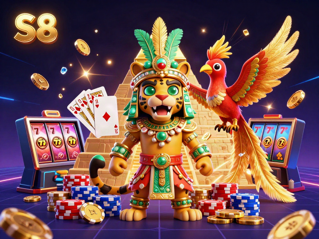 Experience thrilling slots at S8 while surrounded by dazzling jewels and lively game elements.