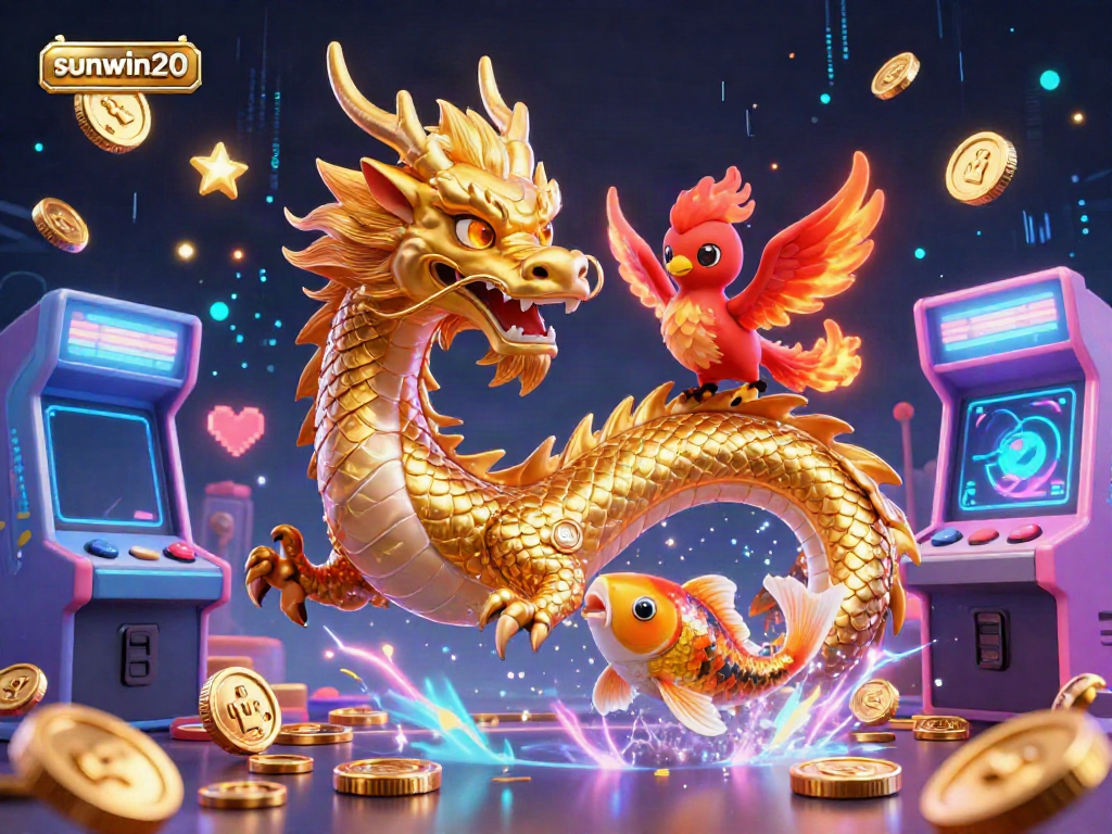 Experience the excitement of sunwin20 with a vibrant 3D dragon and phoenix jackpot scene.