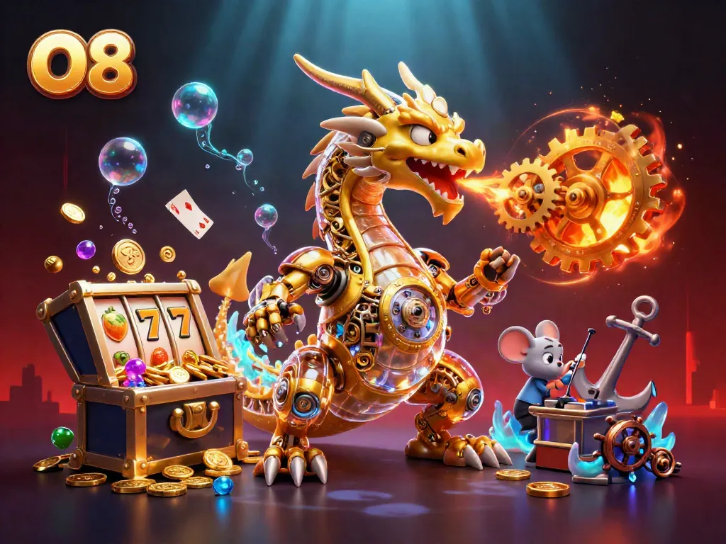 Spin the slots with O8 in this vibrant underwater casino scene filled with gold and treasure.
