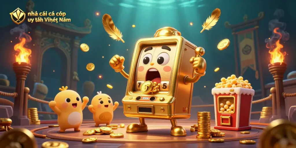 Experience fun at nhà cái cá cược uy tín Việt Nam with a lively golden slot machine hitting a jackpot.