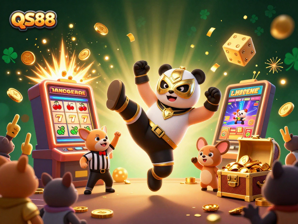 Experience the excitement of QS88 with a dynamic 3D casino scene featuring cartoon animals and slot machines.