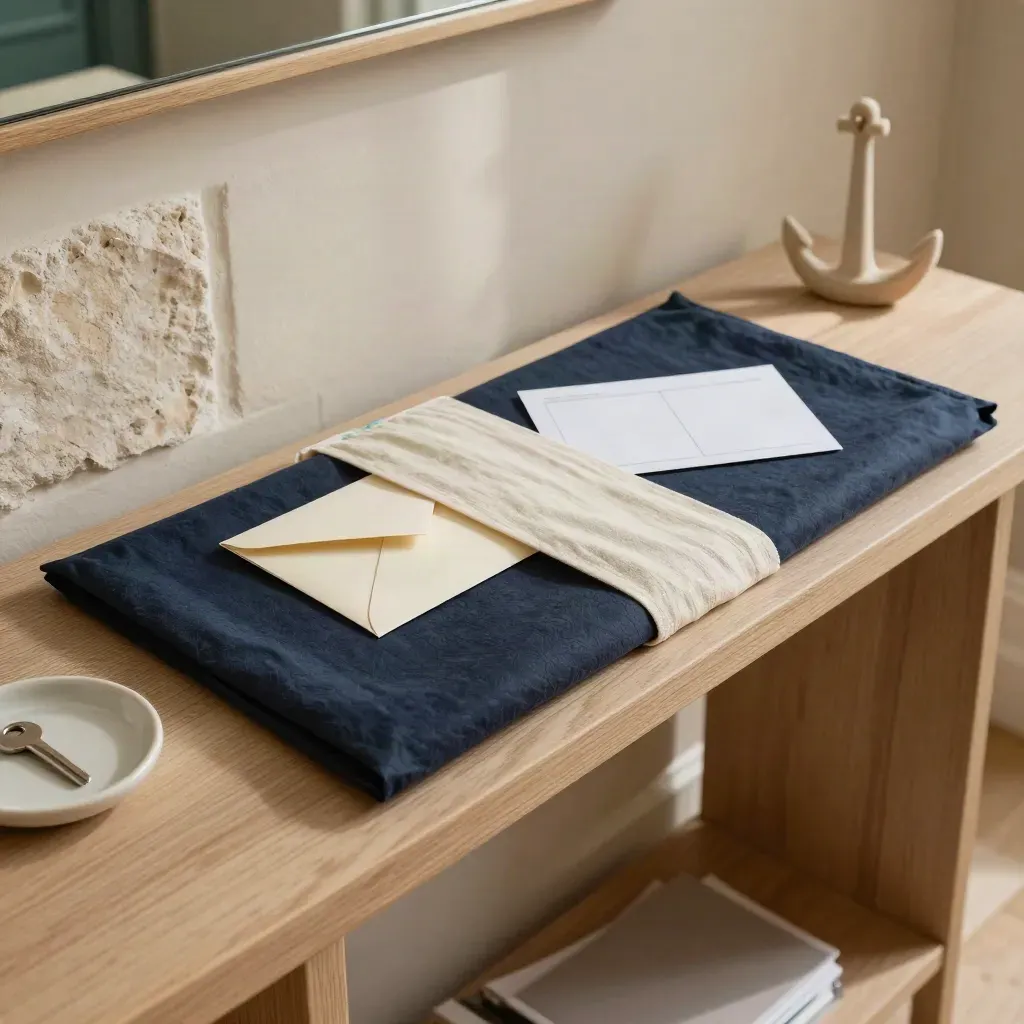 Matte navy property support pack sliding from wrap beside a ceramic key tray and oak block.
