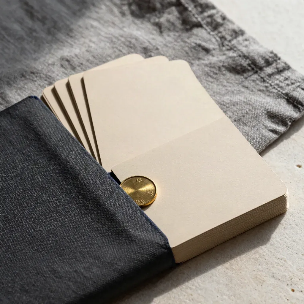 Overhead ecru review deck in charcoal sleeve with brass token on ash-grey linen.