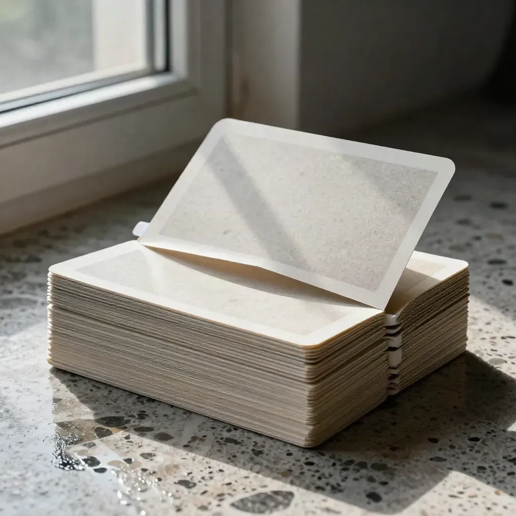Pale stone listing folio on wet terrazzo with a lifted sheet and cool window light