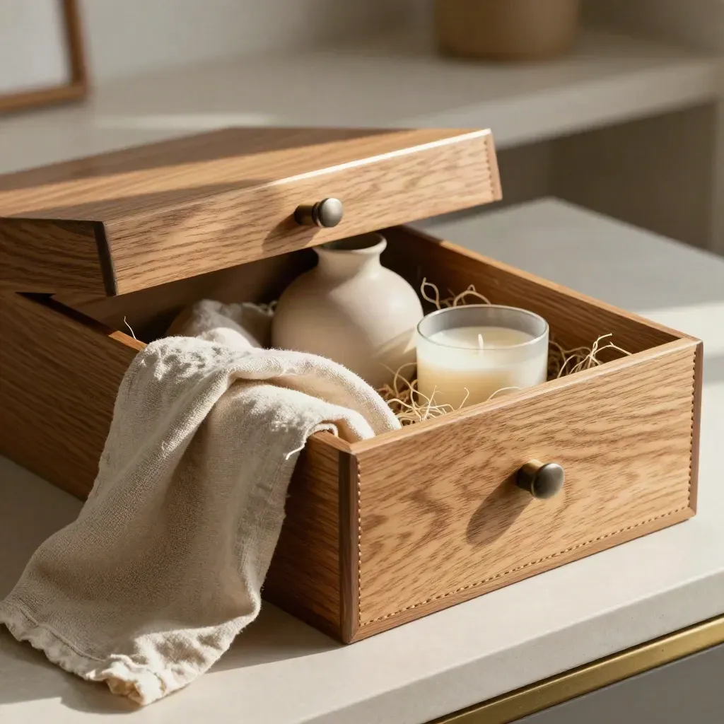 Open wooden staging kit box with linen swatches, a vase and candle on a plaster workbench.