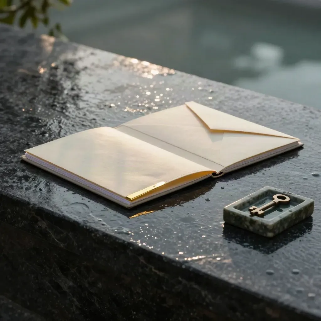 Cream property price-check folio with brass inserts, envelope and stone tray on wet slate at dusk.