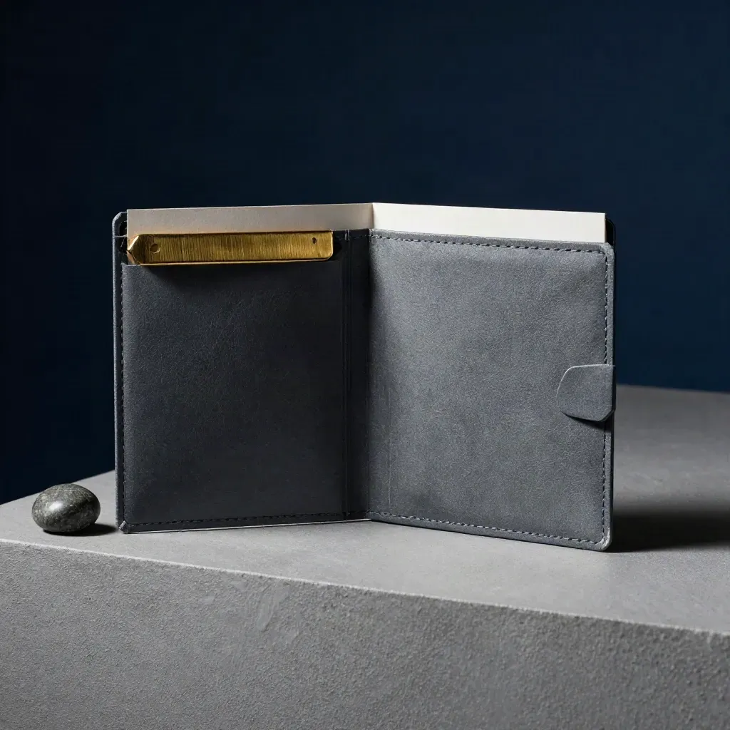 Graphite offer folder opening on plaster ledge with brass clip and stone weight
