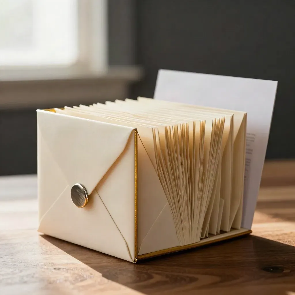 Ivory reply folio with brass clip and folded inserts on warm walnut, softly lit