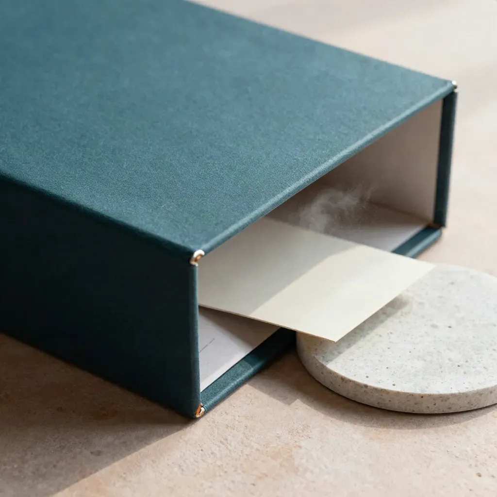 Macro of a dark teal brief box with pale insert, stone coaster and soft diagonal shadow.
