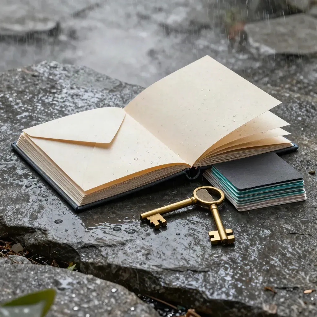 Sale support pack items bursting open on a wet stone slab after rain