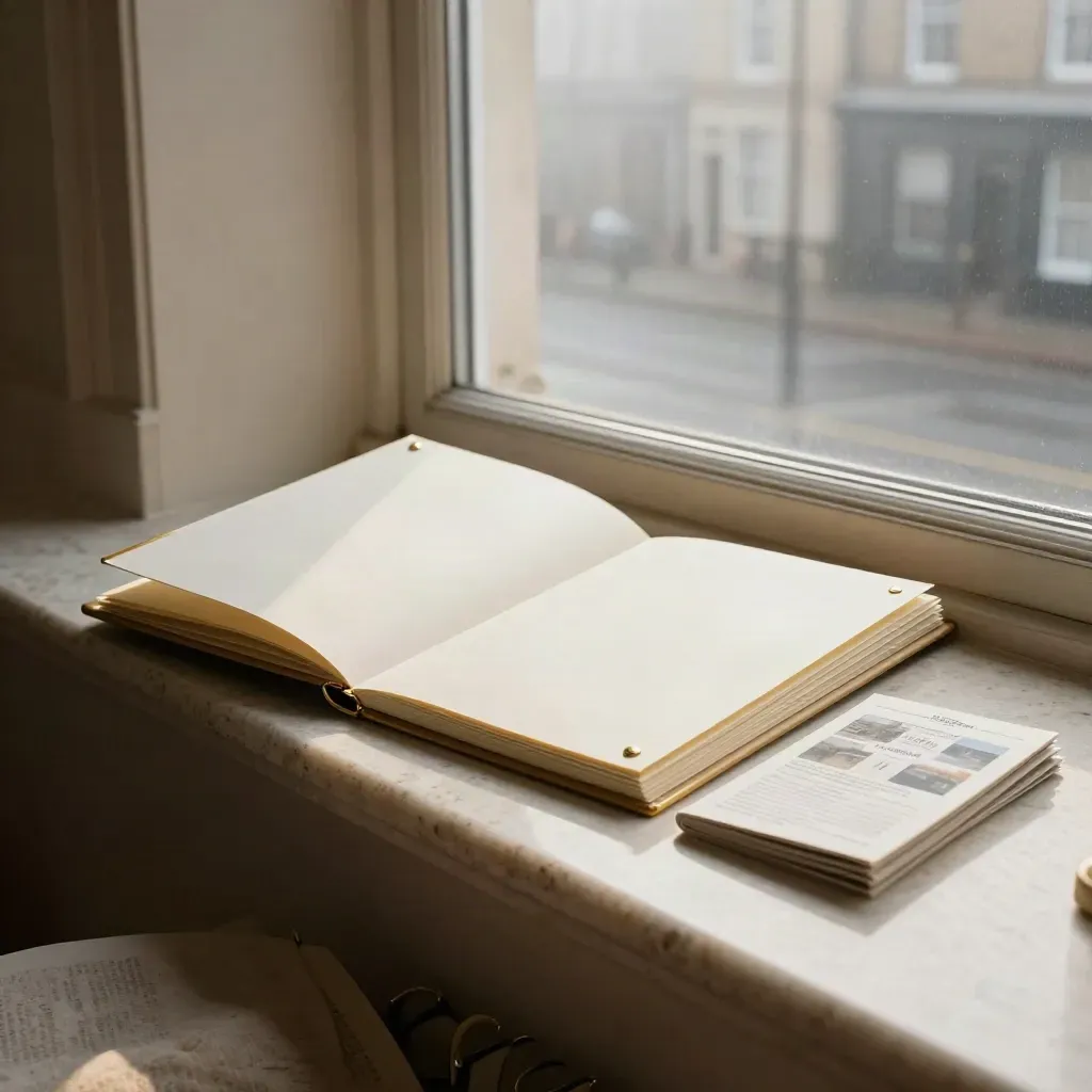 Cream valuation folio on a travertine ledge in a misty townhouse hall.