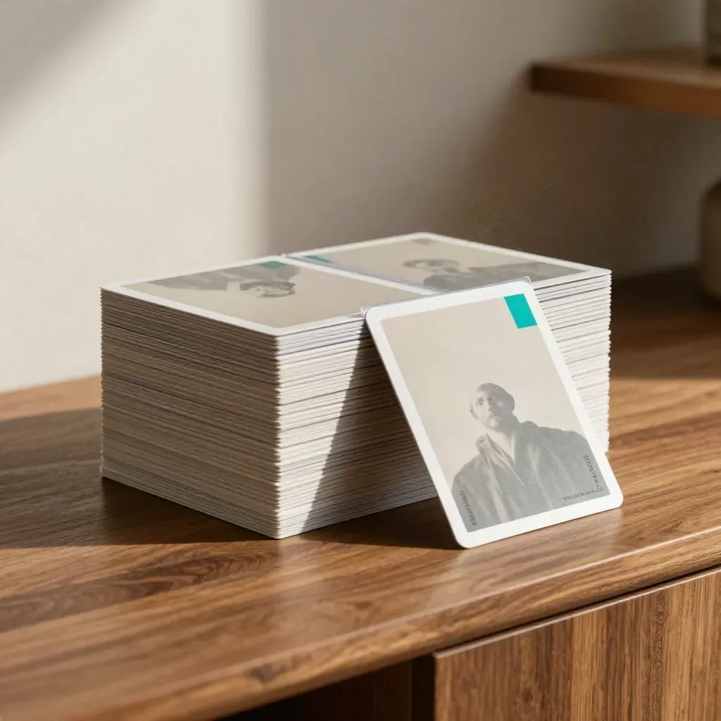 Pale photo-order pack fanned on walnut with teal accent, soft dust, and blurred studio background.