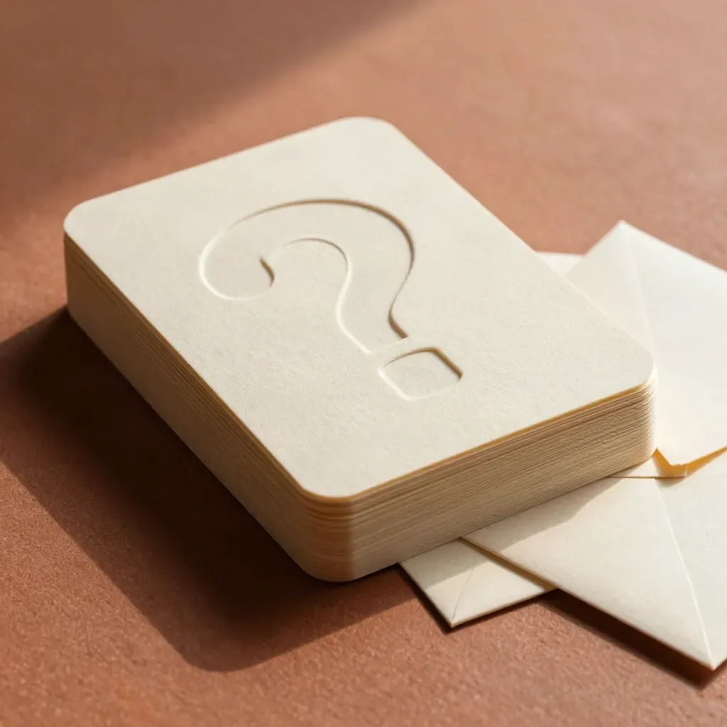 Ivory question cards and a blank envelope splayed on terracotta plaster in dramatic overhead light