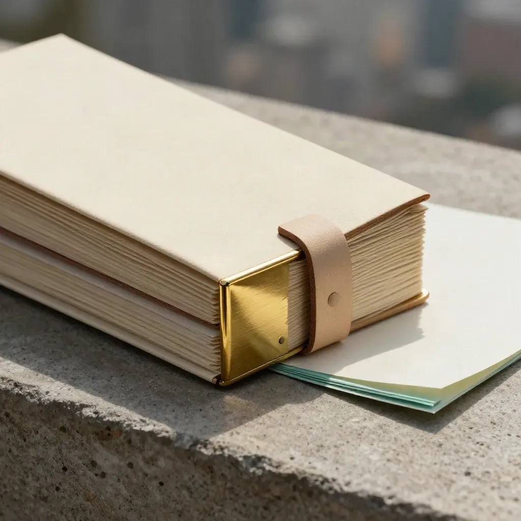 Macro of a stone-and-cream seller pack with brass corner on concrete beside folded paper.