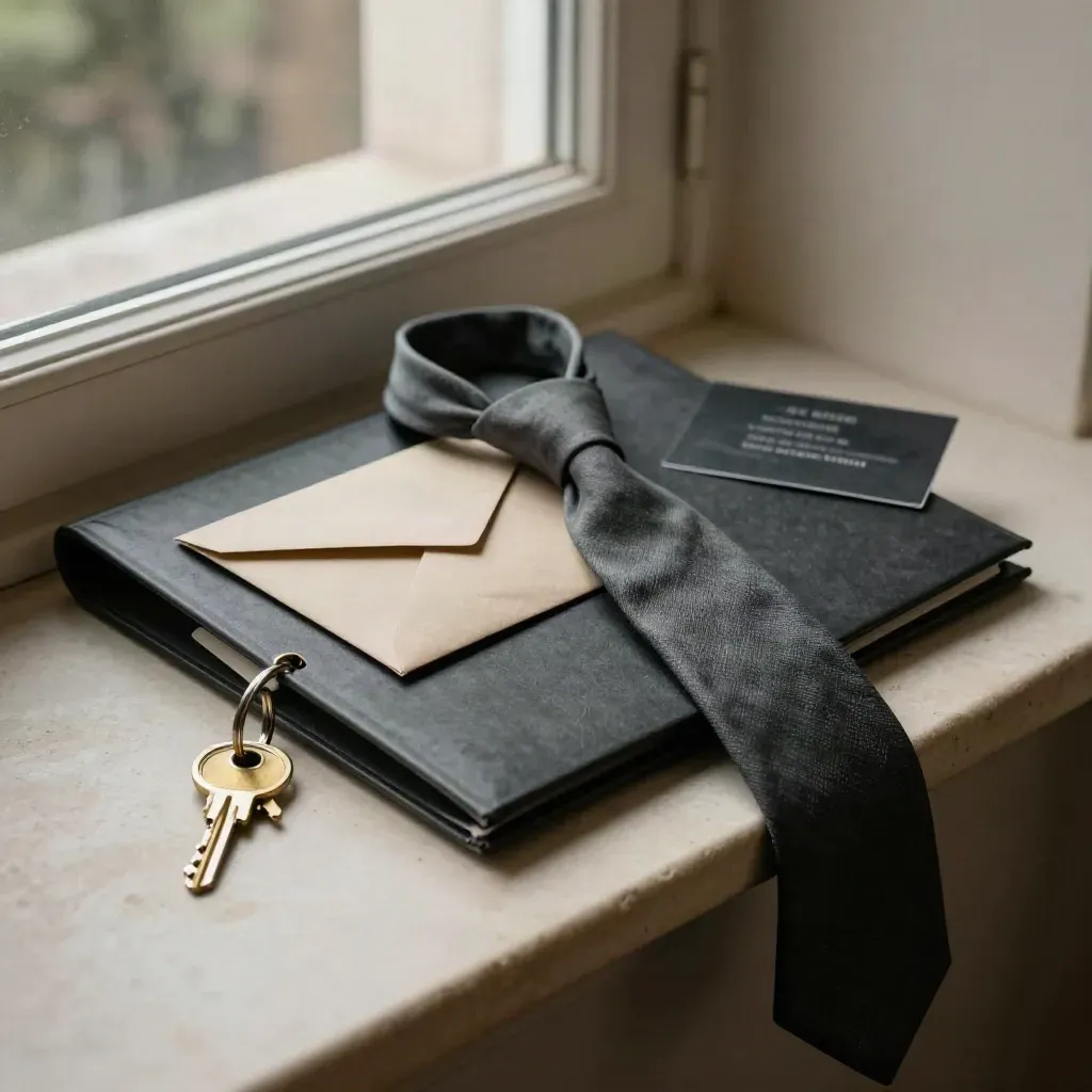 Charcoal landlord exit folder with key ring and linen tie on a limestone window seat at dusk.