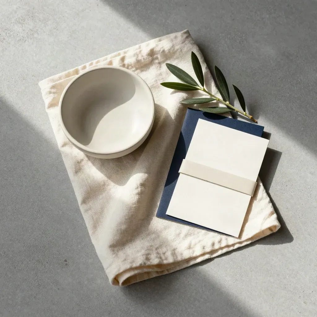 Top-down ivory staging pack with cloth swatch, ceramic bowl and sprig on pale concrete.