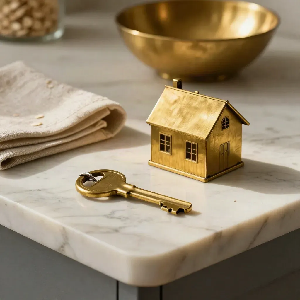 Brass house key and miniature home on pale marble with linen in soft sunlit atmosphere