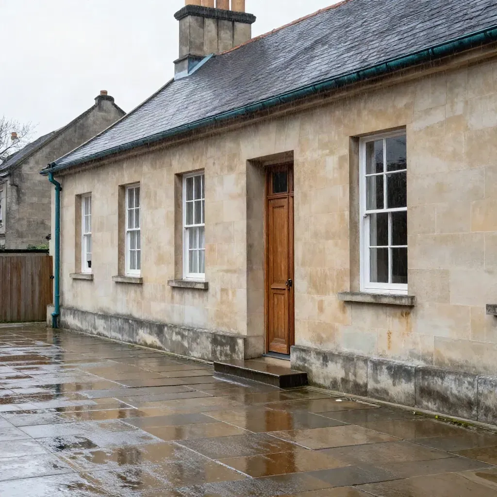 Rain-dark stone terrace and muted roofline under soft daylight, with calm space for headline copy.