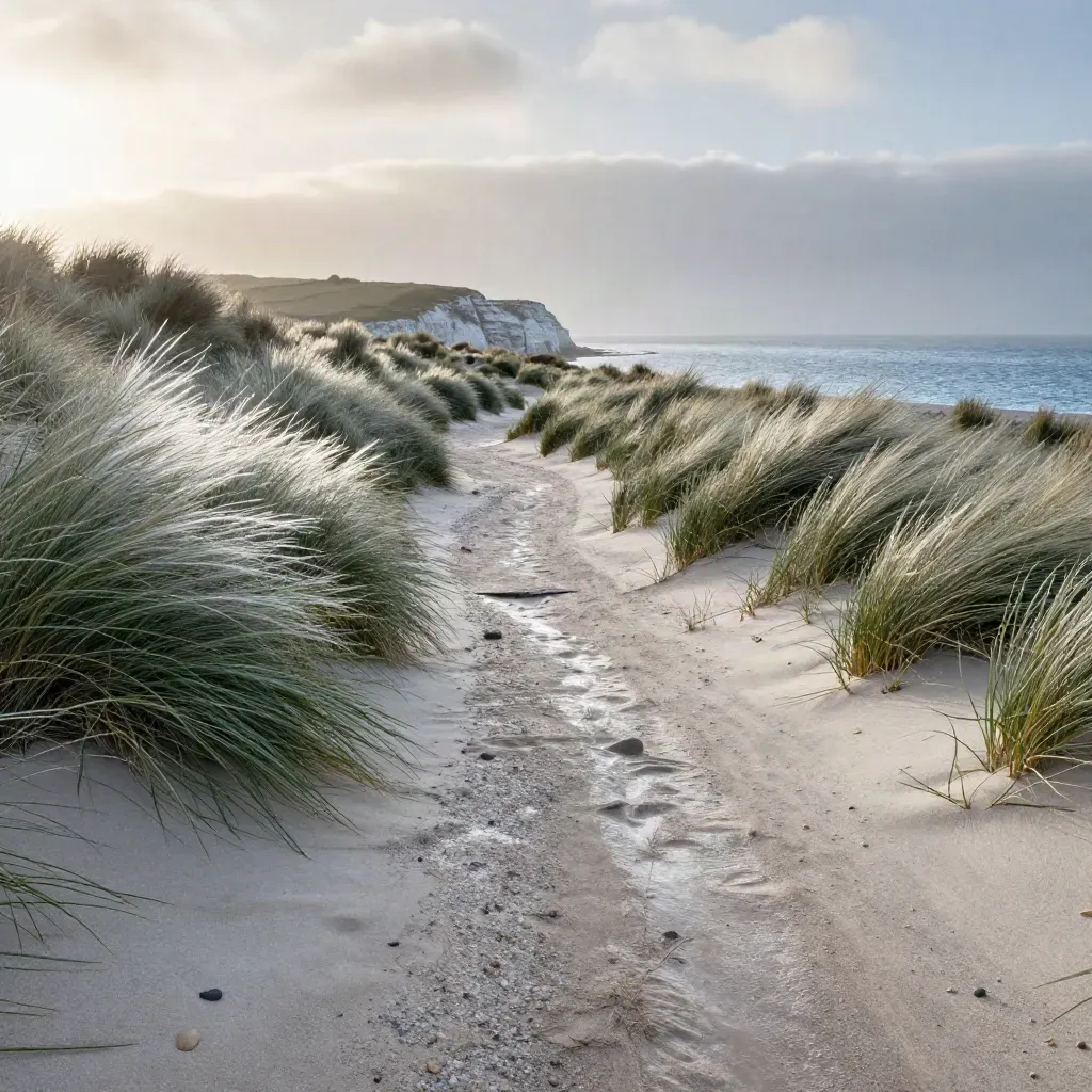 Sunlit pale coastal path with sea grass, salt mist and a low sea horizon after rain.