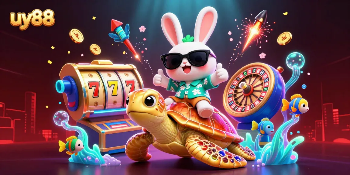 Enjoy vibrant casino fun at uy88 with a lucky rabbit and golden turtle, celebrating exciting games.