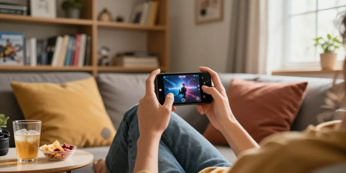 Enjoying a mobile porn game on a smartphone in a cozy home environment.