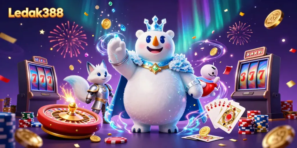 Experience winning energy with Ledak388 in a dynamic casino scene featuring vibrant characters and rich game elements.