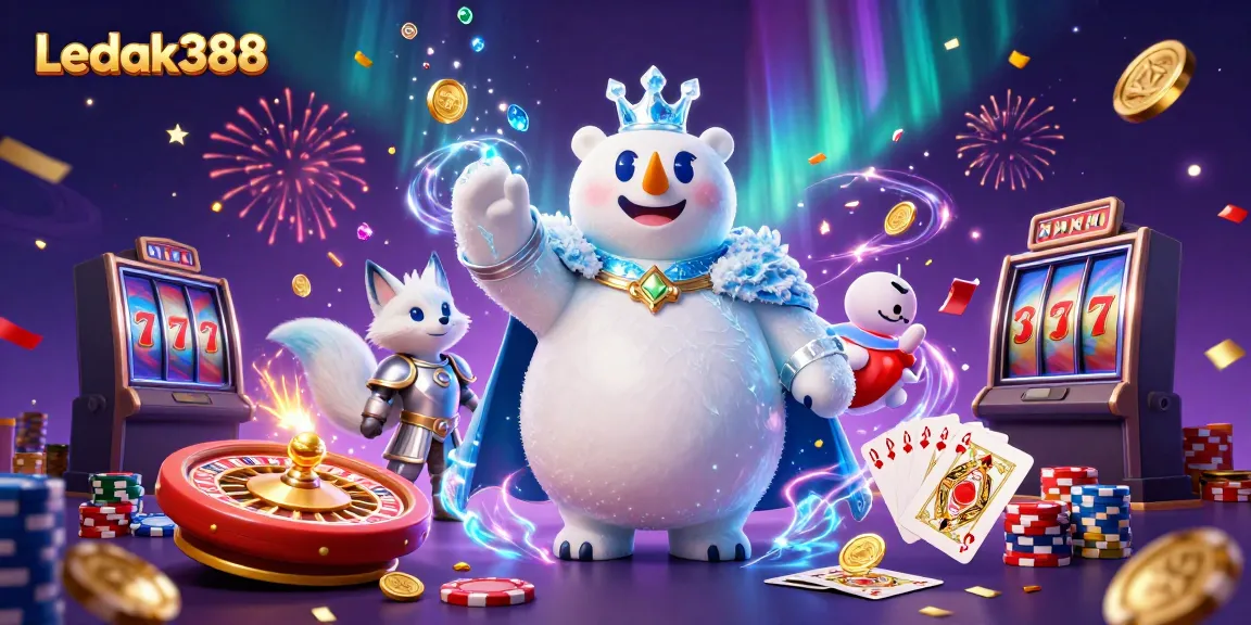 Experience winning energy with Ledak388 in a dynamic casino scene featuring vibrant characters and rich game elements.