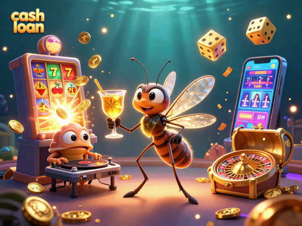 Engage with a cash loan-inspired casino scene featuring a lively mascot and dynamic gaming elements.