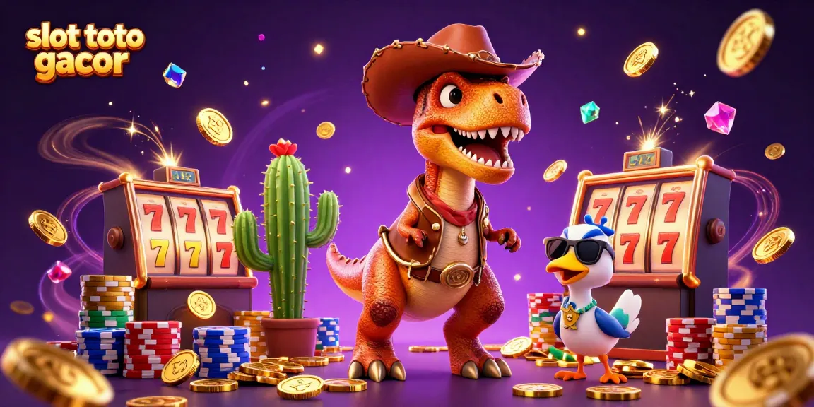 Experience the thrill of slot toto gacor with a vibrant 3D illustration of a cowboy dinosaur and friends winning big.