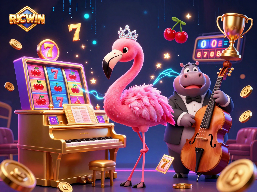 Experience winning strategies with RICWIN in a vibrant casino scene featuring colorful slot elements.