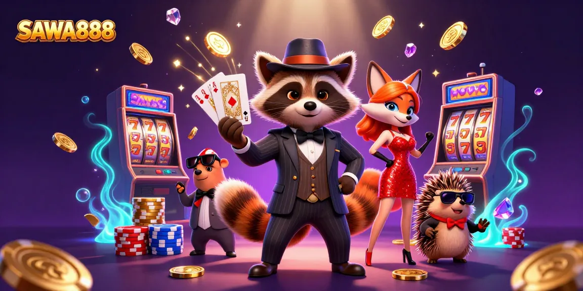 Spin and win at SAWA888 with 3D characters showcasing royal flush and dynamic casino elements.
