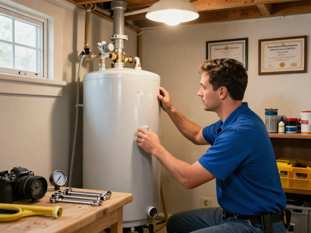 Professional technician inspecting a water heater during water heater repair Fort Worth service.