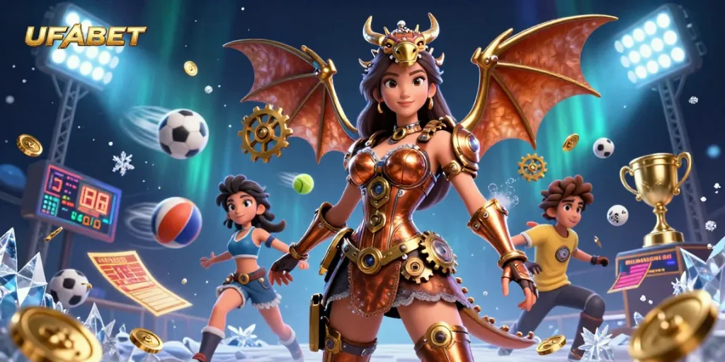 Engage in thrilling UFABET sports betting with dynamic elements, showcasing a 3D dragon and vibrant gaming atmosphere.