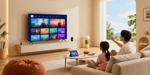 Family enjoying the smart TV 2026 in a modern living room, showcasing vibrant graphics and interactive features.