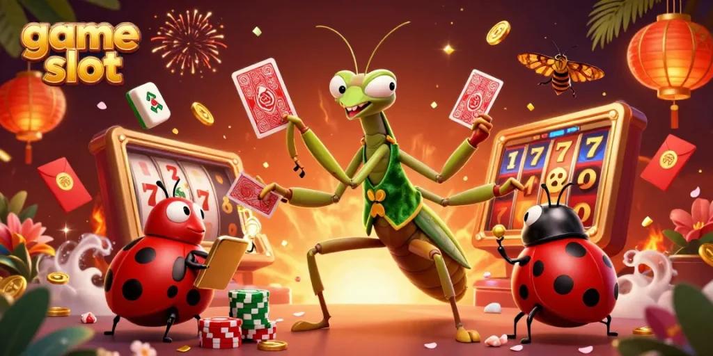 Experience thrilling game slot action with a giant mantis dealer and vibrant game elements.