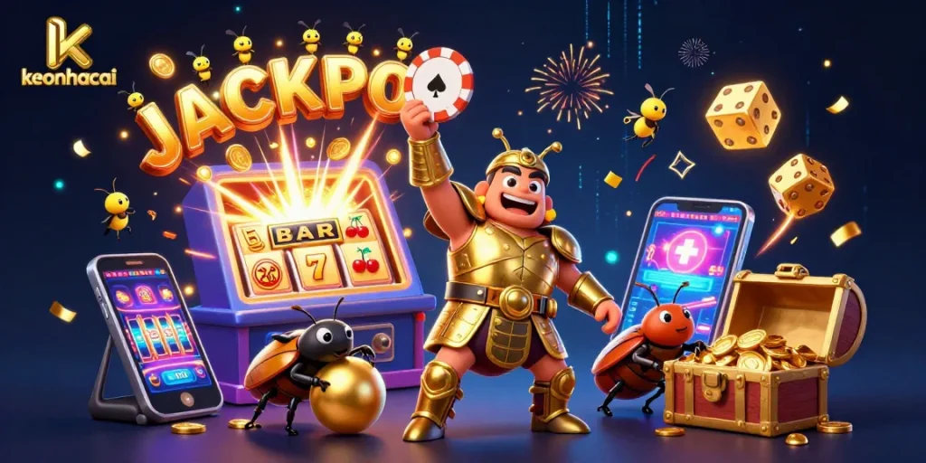 Celebrate wins with keonhacai as the victorious beetle lifts a poker chip amidst casino prizes.