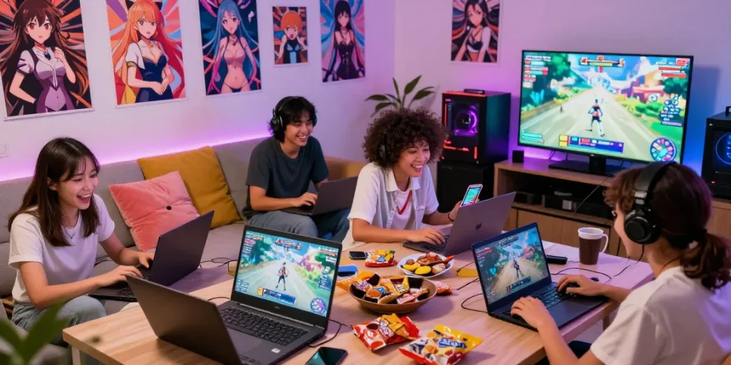 Gamers enjoying hentai games on laptops and mobile devices in a colorful gaming room.