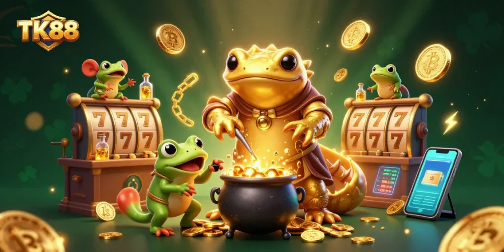 Engage in thrilling entertainment with TK88's dynamic golden alchemist scene showcasing gambling excitement.
