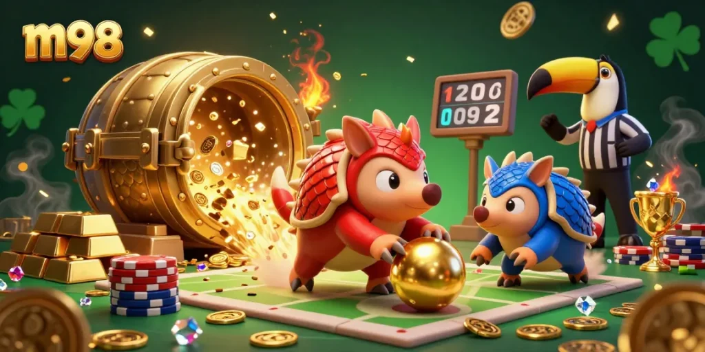 Experience thrilling m98 action as pangolins bowl golden balls through poker chips in a vibrant casino.