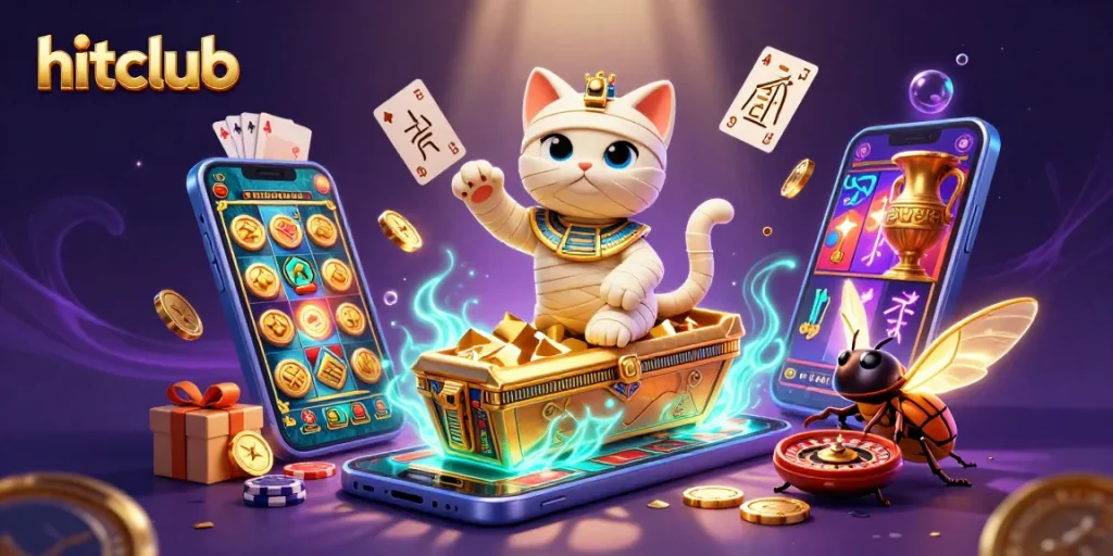 hitclub's lively Egyptian mummy cat in a vibrant casino scene engaging players with slots and live gaming.